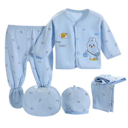 Povozer Newborn Layette Gift Set for Baby Boys Fashion 5PCS Baby Boys Girls Cartoon Long Sleeve Tops+Hat+Pants+Bib Outfits Set for One Size,Blue