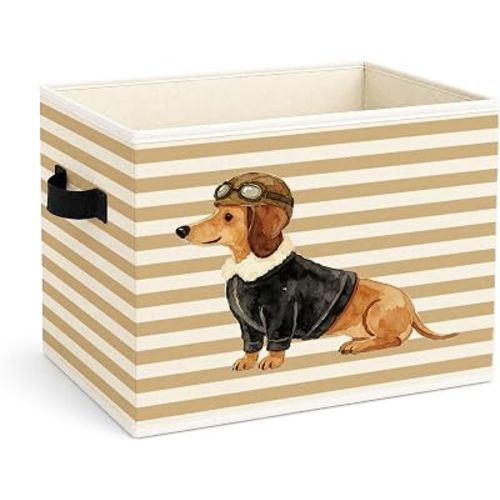Aviator Dog Storage Bin, Dachshund Pilot Beige Stripe Fabric Basket