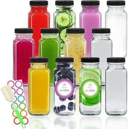 STARSIDE 8 oz Glass Juice Bottles with Lids, 12 Pack Square Drinking Jars,Vintage Water Bottle,Reusable Glass Drinking Bottles for Milk,Juicing,Kombucha,Ginger