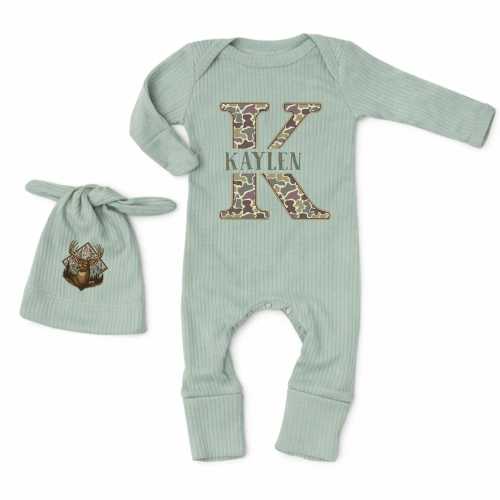 Camo Initial Hunting Bodysuit and Hat Set, Personalized Name Newborn Hunting Outfit, Deer Hunting Baby Shower