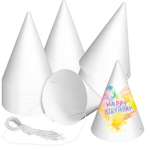 White Paper Party Hats for Birthday,Decorative Bulk Cone Hat for Adults Art DIY, Halloween Supplies(10/20/40/60)