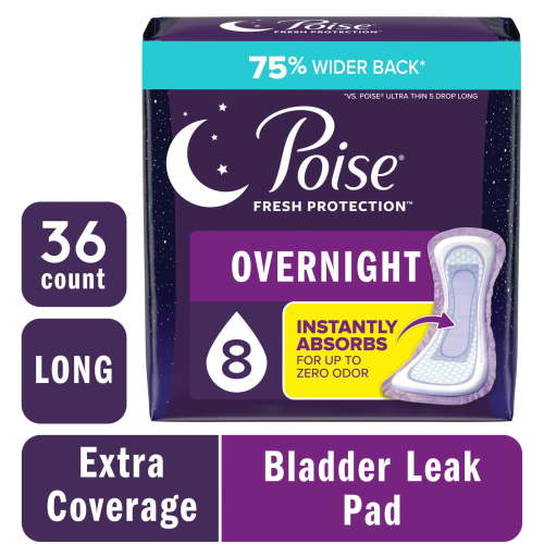 Poise Overnight Incontinence & Postpartum Pads for Bladder Leaks, 8 Drop Extra Coverage, 36 Count