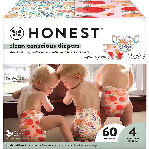 The Honest Company Clean Conscious Diapers | Plant-Based, Sustainable | Just Peachy + Flower Power | Club Box, Size 4 (22-37 lbs), 60 Count