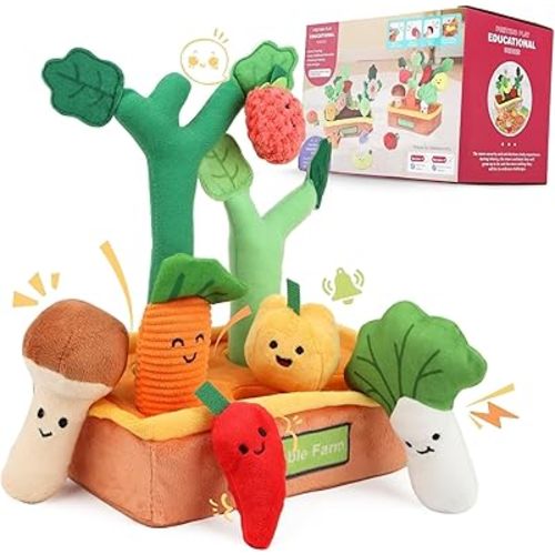 Montessori Toys 6-12 Months, Baby Sensory Toys Plush Fruits and Vegetables for Toddlers with Crinkle Rattle Velcro, 9 PCS Montessori Pull Out Fine Motor Play Food Shape Sorting Toddler Learning Toy