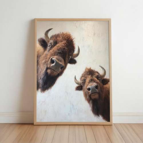 Bison Nursery Print, Whimsical Peeking Decor, Cute Minimalist Buffalo Wall Art, Western Animal Oil Painting Poster, Kids Room Birthday Gift