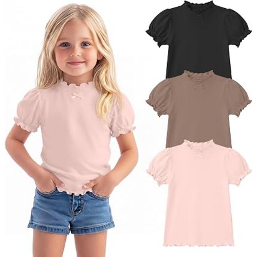 3 Pack Toddler Girls' Puff Shirts | Baby, Little Girls, Short Sleeve, Lettuce Trim, Stand Collar, Puff Sleeve, Summer Basic Tees, Kids