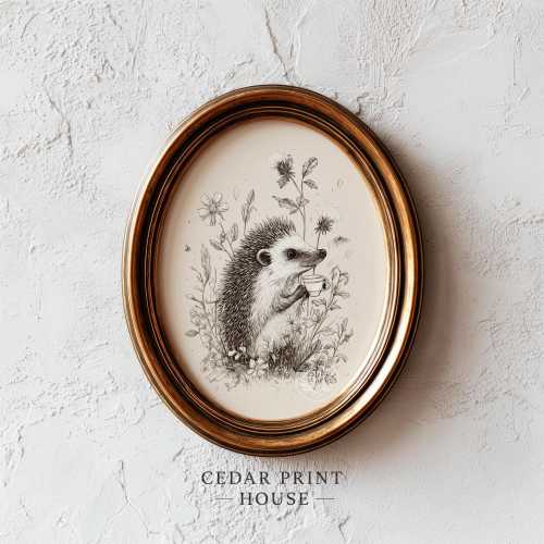 Hedgehog with Teacup Whimsical Nursery Art Print - Vintage Line Art Sketch, Cottagecore Children's Wall Art, Animal Illustration Printable