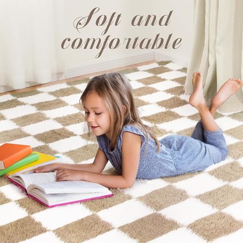 Area Rug 5x8 Ft Classic Checkered Shaggy for Living Room Bedroom Kids Room Nursery