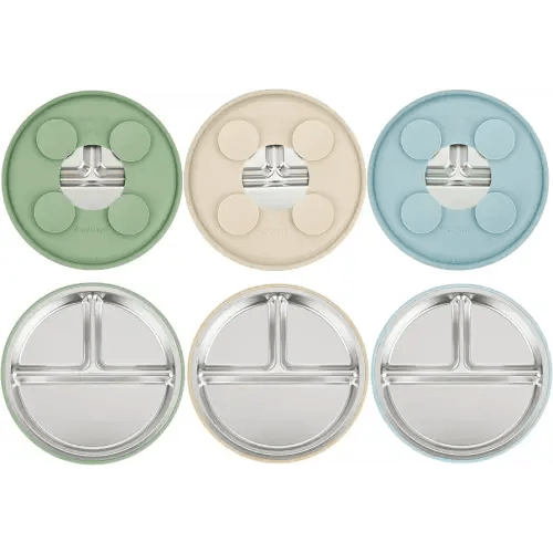 PandaEar 3 Pack Stainless Steel Baby Suction Plates, Divided Toddler Plate for Baby Led Weaning Supplies, Non-Slip Toddler Baby Feeding Set Dishwasher Safe (Blue/Green/Brown)
