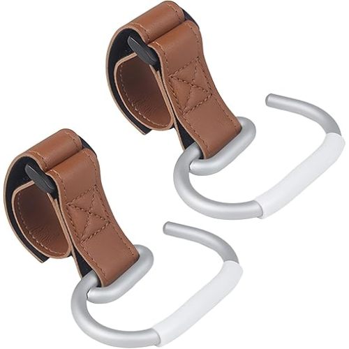 Stroller Hook – Aluminum Hook with Velcro Strap, Lightweight, Durable, Customizable Placement for All Occasions (Brown, 2-Pack)