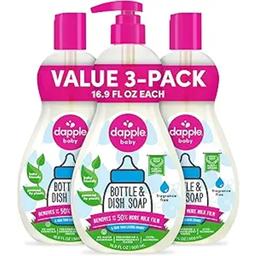Dapple Baby Fragrance Free Bottle & Dish Soap - (3 Pack) 16.9 fl oz - Cleans Baby Bottles, Sippy Cups, Pacifiers, Breast Pumps, & More - Gently Removes Milk Film & Odors - Includes 1 Pump