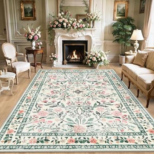 PLHXFR 8x10 Area Rug Living Room: Floral Washable Boho Carpet Green Beige