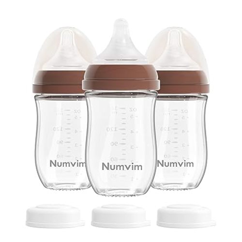 Numvim Natural Glass Baby Bottles Gentle & Extra Slow Flow, Newborn Breastfeeding Bottle with Anti Colic Nipple for 0 Months Babies, 3 Packs (Brown (5 Ounce), 1 Count (Pack of 3))