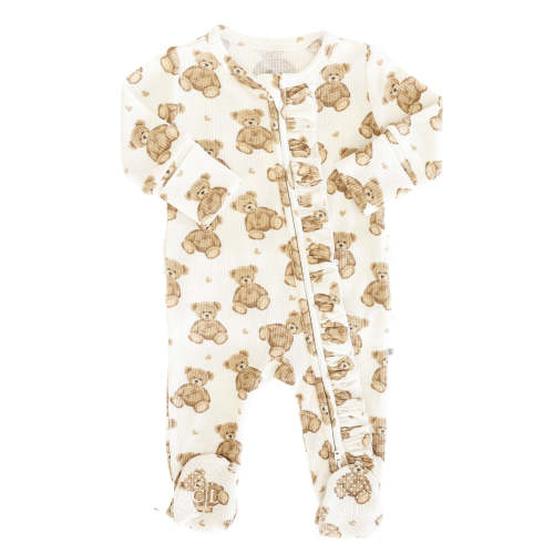 Beary Sweet Bamboo Waffle Zipper Ruffle Footie
