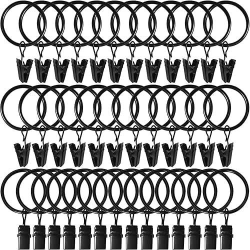WeeksEight 40 Pack Black Curtain Rings with Clips, Curtain Hooks Hangers Clip Rings for Hanging Drapes Bows Hat, Drapery Rings 1.26 in I D, Fits up to 1 in Diameter Curtain Rod.