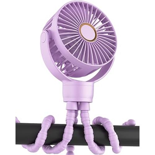 Portable Stroller Mini Fan, Small Rechargeable Personal Cooler w/ 360° Rotation, 3-Speed, Battery Powered Stroller Accessories, Baby Essentials for Car Seat, Crib, Bike, Treadmill, Plum