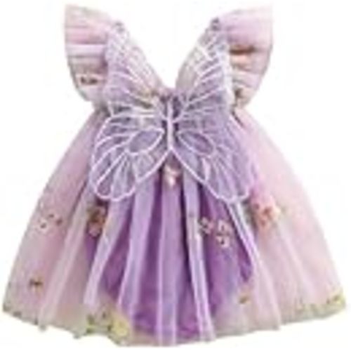 Little Girls Embroidery Flower Tulle Mesh Butterfly Dress with Wings | A-line Flutter Sleeve Pleated Mesh Tulle Dress Holiday Party Princess Birthday Fairy Dress for Toddler Little Girl 1-6Years