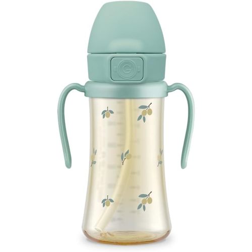 GROSMIMI Baby Straw Cup, Spill-Proof PPSU Sippy Cup with Flip-Top, Rotating Handles for Babies & Toddlers 12+ Months, Bite-Resistant Silicone Straw, BPA-Free, Stage 2, 10oz (Olive)