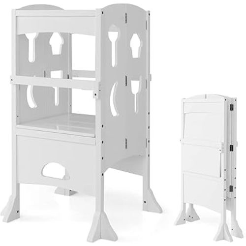 HONEY JOY Kitchen Step Stool for Toddlers, Children Wooden Standing Tower w/Safety Rail, Montessori Foldable Kids Learning Stool for Kitchen Counter(White)