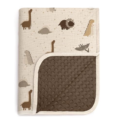 lulumoon Baby Blankets for Boys Newborn: Reversible Muslin & Minky Dinosaur Print - Thermal Receiving Blanket for Stroller & Registry Gift 30"x40"(Dinosaur)