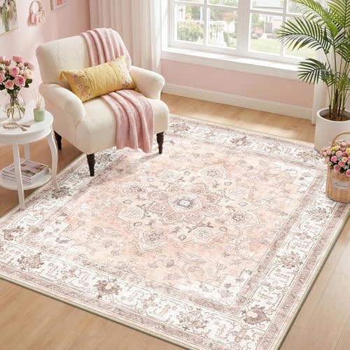 CAPALOCA Square 5ft Washable Nursery Girls Low Pile Area Rug Pink | Non-Slip Soft Rugs for Bedroom Kids Playroom Living Room, Print Pattern Water Repellent Carpet Indoor Decor