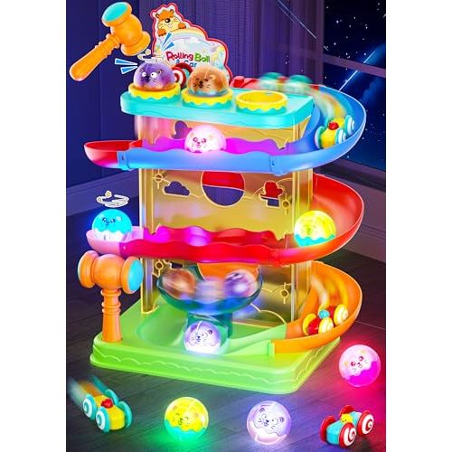 2-in-1 Rolling Ball & Car Ramp Race Track for Toddlers, Hammer Ball Drop Toy for Boys & Girls, Interactive Playset w/Sensor Lights - Montessori STEM Learning Toys for Kids 1-5+ Year Old