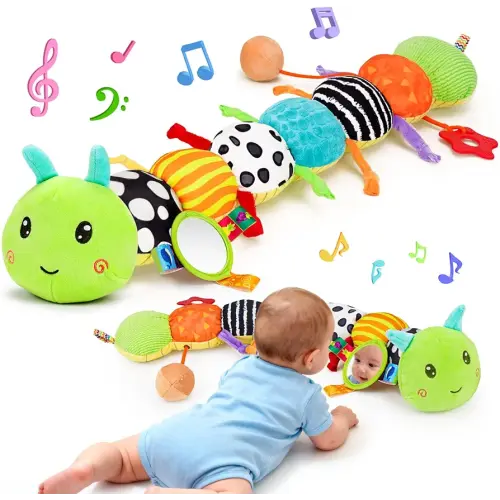 Baby Sensory Toy 0-6 Month Music Animal Stuffed Plush Caterpillar Toy for Infant 0-3-6-12 Month Old Tummy Time with Baby Mirror Crinkle Rattle Carseat Toys for Newborn Boys Girl Shower