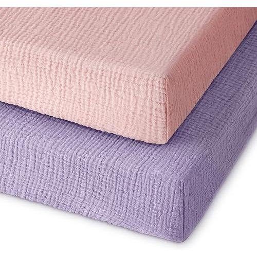 Muslin Pack and Play Sheets Fitted, 100% Cotton Mini Crib Sheets 2 Pack for Pack N Play Mattress, Stretchy Playard Sheet, Soft and Breathable Pink & Purple