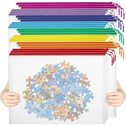 24pcs Mesh Zipper Pouch File Bags Puzzle Storage Bags, A3 17x12 Inches Large Reusable Zipper Pouches for Organizing Classroom Board Game Organization