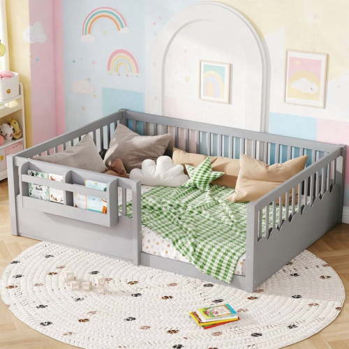 Bellemave Twin Size Montessori Floor Bed with Bookshelf and Heightened Fence, Wood Low Profile Floor Bed Frame, Gray
