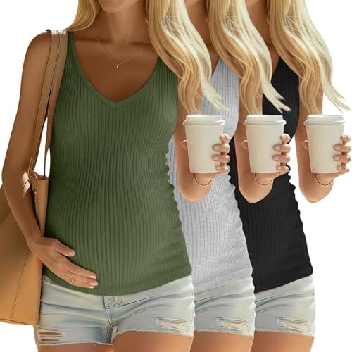 3 Pack Women's Maternity Tank Tops 92% Cotton Ribbed Knit Summer Pregnancy Shirts Sleeveless V Neck Basic Clothes
