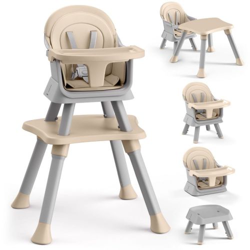 Kinder King 8 in 1 Baby High Chair, Coverts to Dining Booster Seat, Removable Tray & Double Seat Cover, Easy to Wipe, Taupe