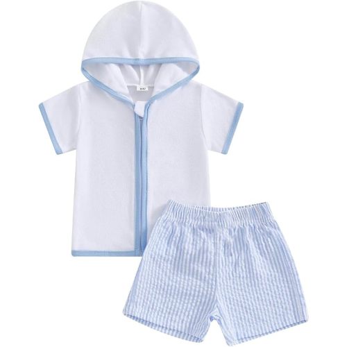 Baby Boys Girls Swim Cover Up Hooded Beach Towel Toddler Terry Cloth Zipper Short Sleeve Swim Top Seersucker Shorts, 6-12M