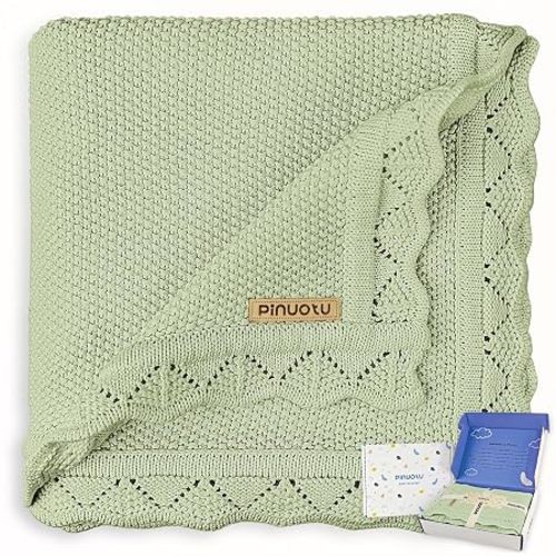 Knitted Baby Blanket for Boys & Girls, 100% Cotton Receiving Swaddle Crib & Stroller Blanket for Newborns, Infants, Toddlers, Green, 40 x 31 Inches