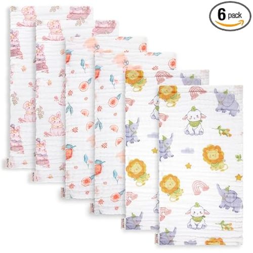 Maliton Muslin Burp Cloths for Baby Girl 6 Pack Large 20''x10'' 100% Cotton Burp Rags Absorbent and Soft 6 Layers Muslin Cloth Baby Boy Newborn Essentials Must Haves (Rabbit & Fruit)
