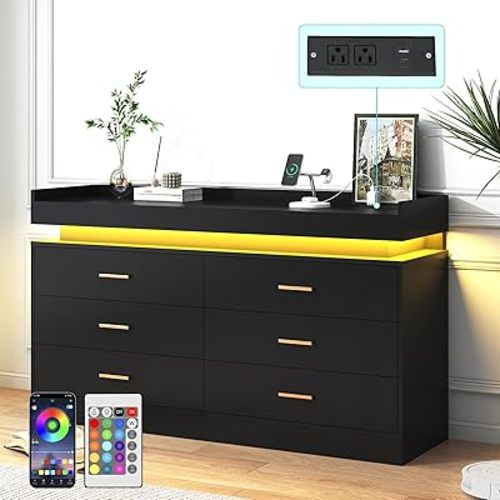 6 Drawer Dresser with Charging Station and LED Lights, Modern Chest of Drawers with Power Outlet, Organizer Cabinet for, Living Room, Black