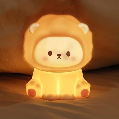 Cute Lion Night Light for Kids, Rechargeable Nursery Lamp with Timer, 3 Brightness Levels & Warm Light, Soft Silicone Baby Night Light, Tap Control, Gift for Toddlers
