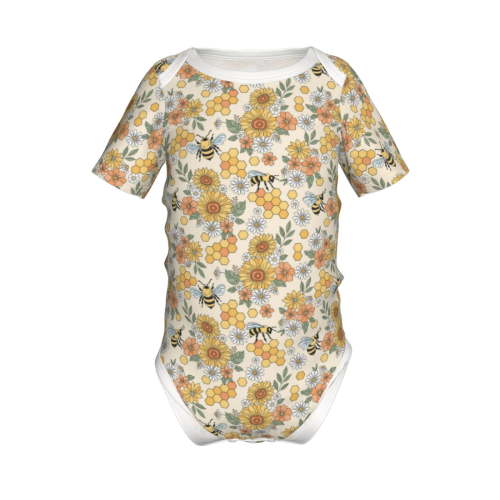 Xecao Hippie Bee Honeycomb Pattern Baby Climbing Bodysuit Short Sleeve Onesie Unisex 0-12 Months Baby Shirt Newborn Outfits Crotch snap design-6 Months