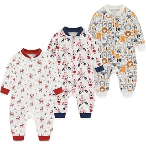 Newborn Baby 2-way Zipper Romper Cotton One-piece Jumsuit 3-pack, 0-24 Months