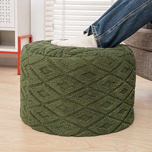 Fluffy Round Ottoman Pouf with All-in-One Foam Filling 20" x 14" Furry Ottoman Foot Rest Foot Stool for Living Room or Bedroom (Green)