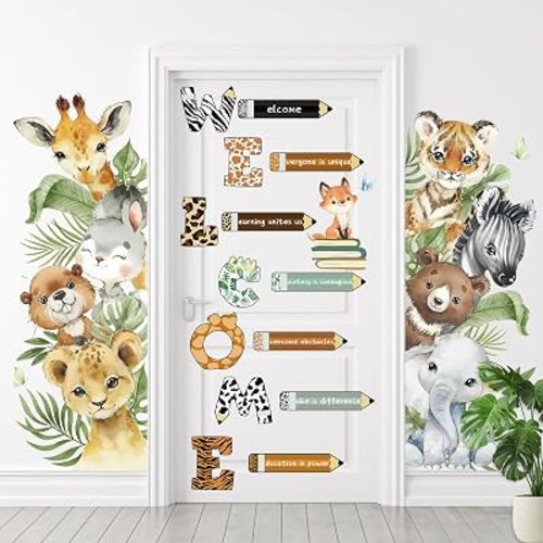 FYSUIMU 3 Sheet Forest Animal Door Stickers Animal Theme Welcome Window Door Sticker Cute Bear Lion Tiger Mural Decal for Nursery Playroom Classroom Kindergarten