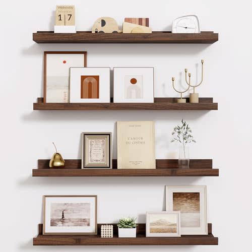 Fun Memories Picture Ledge Shelf - 24 Inches Floating Shelves Set of 4 - Nursery Bookshelves for Storage - Wood Bookshelf Wall Mounted for Bedroom - Living Room - Kitchen - Walnut Color