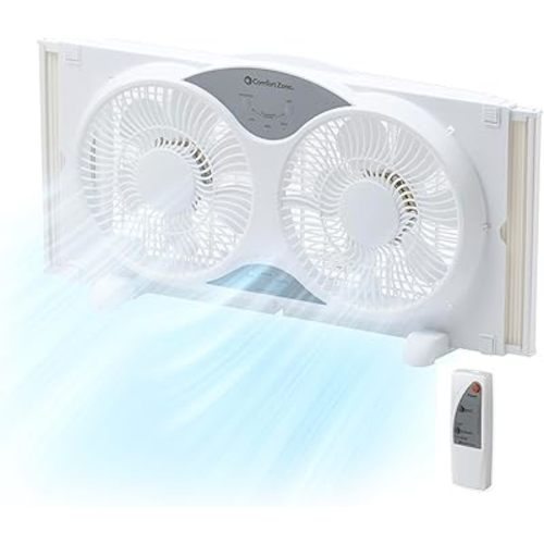 COMFORT ZONE Window Fan for Bedroom, 9 inch 3 Speed Dual Fans with Auto-Locking Expanders, 3 Modes (Cool, Circulate, Exhaust), Remote Control, Fabric Cover plus Bug Screen, White
