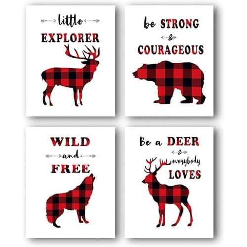 TANXM Unframed Red Black Buffalo Plaid Wall Art Set of 4, 8x10 Inch