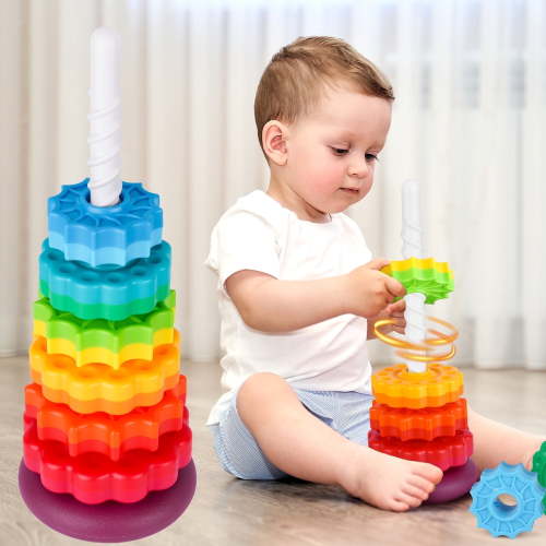 Spinning Stacking Toy for Kids, Rainbow Tower Dual-Color Spinning Wheels Premium Strong BPA-Free ABS Plastic Early Education Fun Learning and Engaging Brain Development Toys (Large 6th Floor)