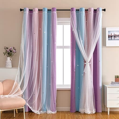XiDi Dream Star Blackout Curtains for Kids Rooms Girl Princess Curtain for Daughter Bedroom Window (Pink Purple, W52 X L63)