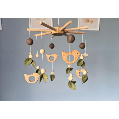 Baby Mobile – Wooden Bird Crib Mobile – Neutral Nursery Decor – Handmade Felt & Wood Mobile – Baby Shower Gift – Nature Inspired Nursery