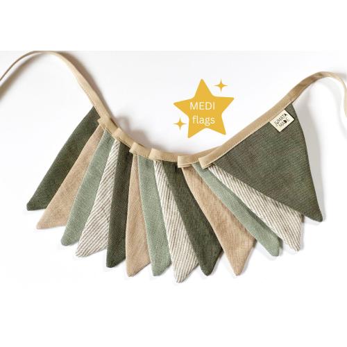 Medi Linen Flag Banner –  Handmade Sage Green & Beige Bunting, OEKO-TEX Certified