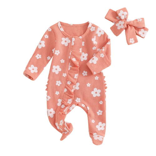 Bellafa Baby Girls Footies Ruffle Zip Up Onesie Romper Newborn Infant Floral Knit Jumpsuit with Headbant 2 Piece Coming Home Outfits