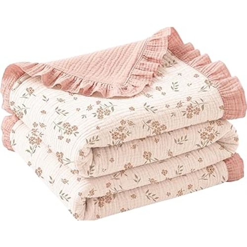 Konssy Flounce Muslin Baby Blanket for Girls Boys 47 x 47 Inches, 100% Cotton Soft Crib Swaddle Blankets, Reversible & Breathable Nursery Bedding for Newborns Toddlers (Blossom)